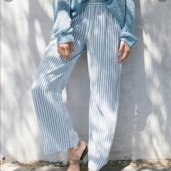 Jenni Kayne Striped Linen Blue Straight Leg Pants - Picture 1 of 6